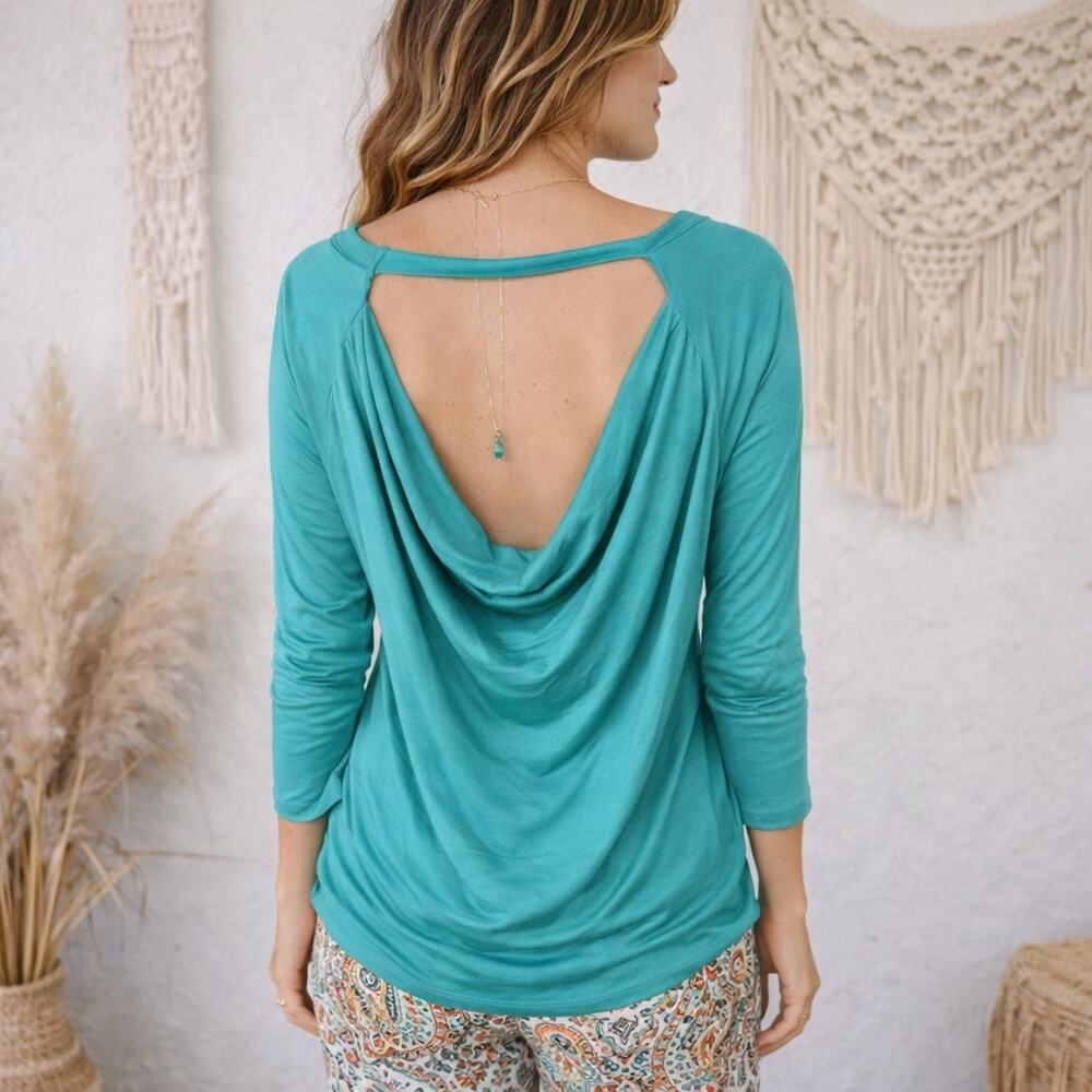 Soft Surroundings Green Stretch Knit Long Sleeve Drape Back Top Large
